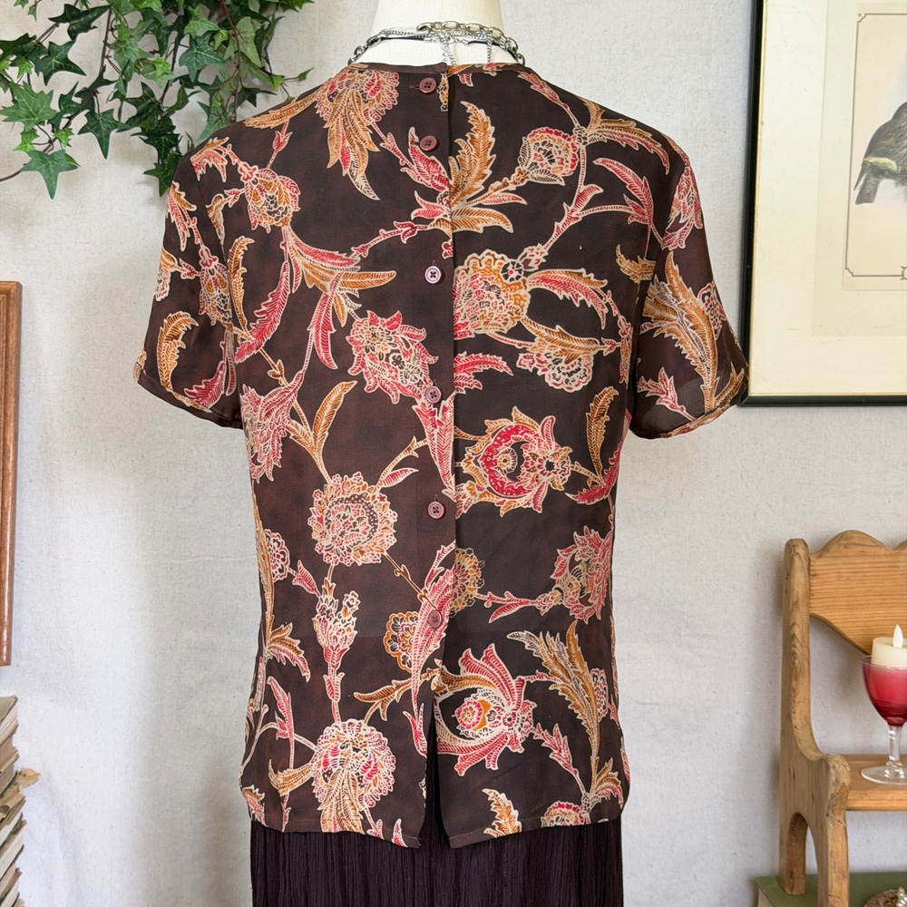 Brown Floral Silk Button Back Blouse Cottagecore Vintage 90s Size 2 Whimsy - Picture 6 of 7